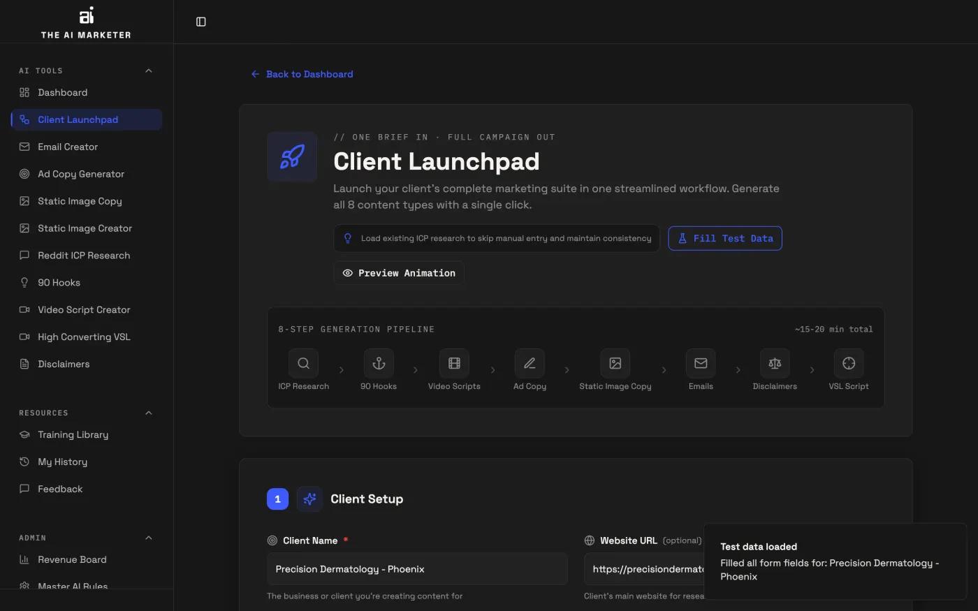 Client Launchpad screen